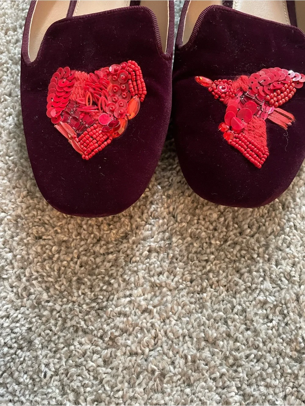 Tory Burch Velvet Embroidered Loafers in Deep Burgundy with Red Motif